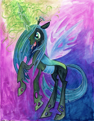 Size: 900x1162 | Tagged: safe, artist:colourbee, queen chrysalis, changeling, changeling queen, female, frown, glowing horn, open mouth, rearing, smiling, solo, standing, tongue out