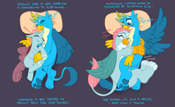Size: 1613x986 | Tagged: safe, artist:caroo, gallus, ocellus, changedling, changeling, griffon, school daze, blushing, chest fluff, cuddlebug, cuddling, cute, diaocelles, disguise, disguised changeling, female, fluffy, frog (hoof), gallabetes, griffonized, hnnng, interspecies, luslus, male, paws, purple background, purring, shipping, simple background, sleeping, snuggling, species swap, spread wings, straight, transformation, underhoof, underpaw, wings, zzz