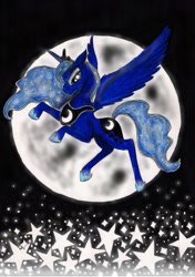 Size: 1630x2310 | Tagged: safe, artist:wojak1991, princess luna, alicorn, pony, moon, solo, traditional art