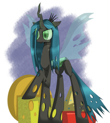 Size: 2681x3000 | Tagged: safe, artist:prozenconns, queen chrysalis, changeling, changeling queen, cheese, female, frown, high res, raised hoof, simple background, solo, standing, transparent background