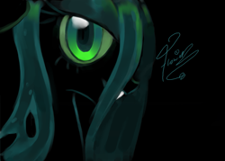 Size: 1111x796 | Tagged: dead source, safe, artist:caramelflower, queen chrysalis, changeling, changeling queen, black background, bust, fangs, female, looking at you, signature, simple background, smiling, solo