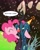 Size: 1171x1479 | Tagged: safe, artist:tarajenkins, pinkie pie, queen chrysalis, changeling, changeling queen, earth pony, pony, clown nose, cupidite, female, party cannon, red nose