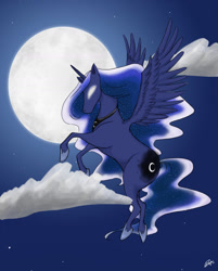 Size: 1024x1273 | Tagged: safe, artist:resarose, princess luna, alicorn, pony, children of the night, cloud, cloudy, flying, moon, night, solo