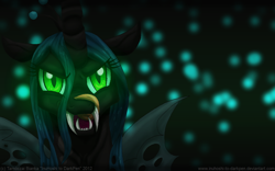 Size: 900x563 | Tagged: safe, artist:inuhoshi-to-darkpen, queen chrysalis, changeling, changeling queen, fangs, female