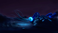 Size: 1800x1013 | Tagged: safe, artist:nettrip, princess luna, alicorn, jellyfish, pony, animal, dark, glow, water