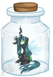 Size: 1059x1533 | Tagged: safe, artist:mahoxyshoujo, queen chrysalis, changeling, changeling queen, bottle, female, jar, sad, trapped