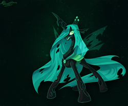 Size: 800x661 | Tagged: safe, artist:frostadflakes, queen chrysalis, changeling, changeling queen, fangs, female, glow, hair over one eye, smiling, solo, standing