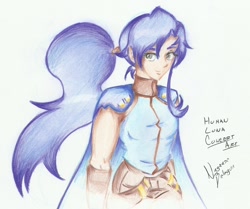 Size: 1604x1340 | Tagged: safe, artist:nayaasebeleguii, princess luna, alternate hairstyle, humanized, ponytail, simple background, smiling, solo, traditional art