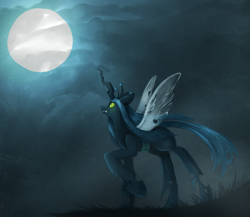 Size: 1615x1402 | Tagged: safe, artist:opheleus, queen chrysalis, changeling, changeling queen, fangs, female, looking up, moon, raised hoof, smiling, solo, standing