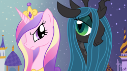 Size: 1920x1080 | Tagged: safe, artist:oemilythepenguino, princess cadance, queen chrysalis, alicorn, changeling, changeling queen, pony, female, wallpaper