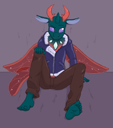 Size: 928x1054 | Tagged: safe, artist:caroo, pharynx, anthro, changedling, changeling, plantigrade anthro, barefoot, clothes, feet, jacket, male, male feet, prince pharynx, solo, toes