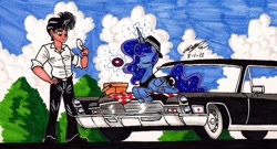 Size: 1280x692 | Tagged: safe, artist:newyorkx3, princess luna, human, car, donut, hat, picnic, self insert, traditional art