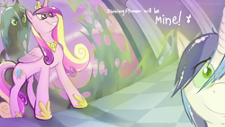 Size: 1366x768 | Tagged: safe, artist:timtheflyfox, princess cadance, queen chrysalis, shining armor, alicorn, changeling, changeling queen, pony, unicorn, disguise, disguised changeling, fake cadance