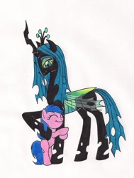 Size: 1039x1371 | Tagged: safe, artist:13foxywolf666, queen chrysalis, changeling, changeling queen, earth pony, pony, chrysalis's little rush, cute, cutealis, duo, duo female, fanfic, female, filly, foal, hug, rush