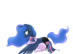 Size: 1024x755 | Tagged: safe, artist:chesnutts, princess luna, twilight sparkle, twilight sparkle (alicorn), alicorn, pony, female, lesbian, prone, shipping, simple background, twiluna