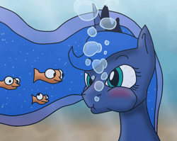 Size: 1095x873 | Tagged: safe, artist:jakethespy, princess luna, alicorn, fish, pony, bubble, colors:crowley, puffy cheeks, solo, underwater