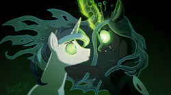 Size: 1000x557 | Tagged: safe, artist:awesomecoolwhip, queen chrysalis, shining armor, changeling, changeling queen, pony, unicorn, a canterlot wedding, eye contact, female, magic, male, mind control, open mouth, shining chrysalis, smiling, straight, wide eyes