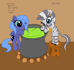 Size: 1621x1539 | Tagged: safe, artist:the-laughing-horror, princess luna, zecora, alicorn, pony, zebra, cauldron, young