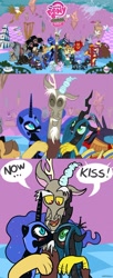 Size: 860x2099 | Tagged: safe, artist:pokehidden, discord, garble, nightmare moon, queen chrysalis, rover, changeling, changeling queen, chrysmoon, comic, discord the shipper, female, forced lesbian, kissing, lesbian, lesbian in front of boys, now kiss, shipper on deck, shipping