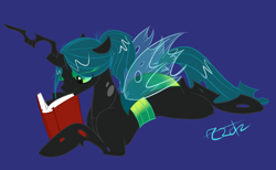 Size: 1294x796 | Tagged: safe, artist:cosmic-rust, queen chrysalis, changeling, changeling queen, book, female, ponytail, reading