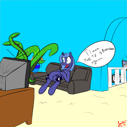 Size: 3600x3600 | Tagged: safe, artist:s8ansglory, princess luna, alicorn, pony, female, i've seen enough hentai to know where this is going, mare, s1 luna, sitting, solo, t.v., television, tentacles