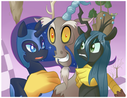 Size: 1050x816 | Tagged: safe, artist:sallymon, derpy hooves, discord, nightmare moon, queen chrysalis, changeling, changeling queen, pegasus, pony, female, mare