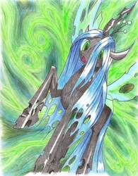 Size: 1666x2138 | Tagged: safe, artist:philo5, queen chrysalis, changeling, changeling queen, female, frown, raised hoof, solo, standing, traditional art