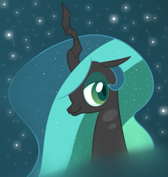 Size: 615x650 | Tagged: safe, artist:hip-indeed, queen chrysalis, changeling, changeling queen, alternate hairstyle, bust, female, smiling, solo, stars