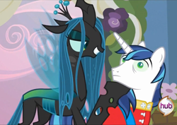 Size: 1084x768 | Tagged: safe, screencap, queen chrysalis, shining armor, changeling, changeling queen, pony, unicorn, a canterlot wedding, female, lidded eyes, mind control