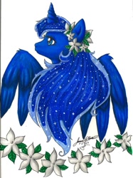 Size: 600x804 | Tagged: safe, artist:gina-su, princess luna, alicorn, pony, flower, jasmines, solo, traditional art