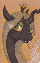 Size: 1059x1647 | Tagged: safe, artist:sabrekitty, queen chrysalis, changeling, changeling queen, bust, fangs, female, looking at you, portrait, solo, traditional art, wings