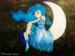 Size: 1300x975 | Tagged: safe, artist:sikiu, princess luna, clothes, crescent moon, dress, humanized, moon, solo, tangible heavenly object, traditional art, transparent moon