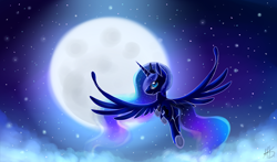 Size: 1842x1084 | Tagged: safe, artist:ghst-qn, princess luna, alicorn, pony, backlighting, female, flying, jewelry, looking at you, looking back, mare, moon, night, night sky, regalia, signature, sky, smiling, solo, spread wings, stars, wings