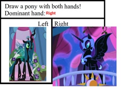 Size: 920x677 | Tagged: safe, nightmare moon, queen chrysalis, changeling, changeling queen, female, game, joke, meme, meta