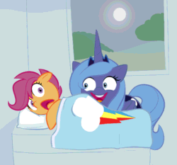Size: 538x502 | Tagged: safe, artist:furseiseki, princess luna, scootaloo, alicorn, pegasus, pony, :<, :>, animated, bed, bedroom, blanket, creepy, do not want, dream walker luna, duo, faic, female, filly, floppy ears, frown, i need an adult, lunaughty, mare, moon, night, on side, open mouth, pillow, rapeface, s1 luna, scared, shaking, shivering, smiling, vibrating, wide eyes, window, woona, younger