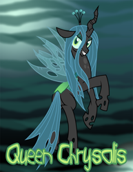 Size: 850x1100 | Tagged: safe, artist:xain-russell, queen chrysalis, changeling, changeling queen, female, flying, frown, smiling, solo, wings