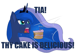 Size: 1595x1180 | Tagged: safe, artist:aimeelovesu, princess luna, alicorn, pony, cake, head, simple background, solo, text