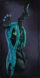 Size: 1024x2000 | Tagged: safe, artist:idriaka, queen chrysalis, changeling, changeling queen, bust, fangs, female, frown, looking at you, solo