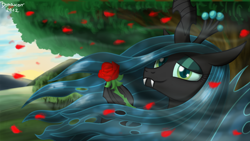 Size: 2500x1406 | Tagged: safe, artist:bonaxor, queen chrysalis, changeling, changeling queen, cute, cutealis, female, flower, rose