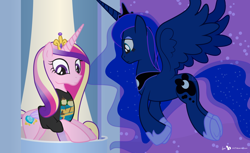 Size: 1350x825 | Tagged: safe, artist:dm29, princess cadance, princess luna, alicorn, pony, adventure time, clothes, duo, shirt