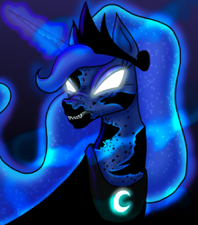 Size: 900x1021 | Tagged: safe, artist:myhysteria, nightmare moon, princess luna, alicorn, pony, fangs, glowing eyes, magic, solo, transformation