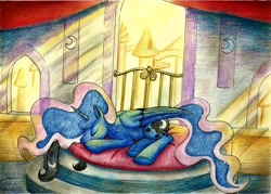 Size: 3389x2421 | Tagged: safe, artist:viv-chibi-love, princess luna, alicorn, pony, sleeping, solo, traditional art