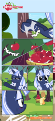 Size: 1919x4225 | Tagged: safe, artist:estories, applejack, oc, oc:silverlay, earth pony, pony, unicorn, comic:a(pple)ffection, absurd resolution, apple, applebucking, canon x oc, comic, female, food, lesbian, mare, shipping, silverjack, the ass was fat, tree