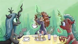 Size: 1600x900 | Tagged: safe, artist:muffinshire, queen chrysalis, changeling, changeling queen, coffee, cupcake, glasses, tea party