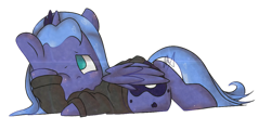 Size: 1024x492 | Tagged: safe, artist:lunechapaillini, princess luna, alicorn, pony, filly, simple background, solo, sweatshirt, woona