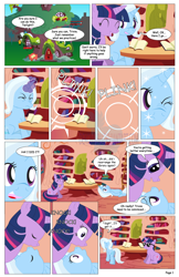 Size: 792x1224 | Tagged: safe, artist:dekomaru, trixie, twilight sparkle, pony, comic:the greatest gift, book, comic, female, golden oaks library, lesbian, magic, shipping, sunglasses, teleportation, the ass was fat, twixie