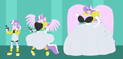 Size: 1920x918 | Tagged: safe, artist:da-fuze, diamond tiara, alicorn, anthro, equestria girls, age progression, alicornified, ascension enhancement, big breasts, breast expansion, breasts, clothes, diamond titiara, disproportional anatomy, dress, gown, growth, huge breasts, human to anthro, impossibly large breasts, impossibly large dress, poofy shoulders, race swap, tiaracorn, transformation, transformation sequence, wings