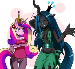 Size: 1435x1321 | Tagged: safe, artist:ss2sonic, princess cadance, queen chrysalis, anthro, changeling, changeling queen, arm under breasts, blushing, smiling