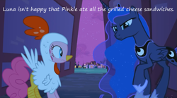 Size: 1063x592 | Tagged: safe, edit, edited screencap, screencap, pinkie pie, princess luna, alicorn, earth pony, pony, luna eclipsed, animal costume, chicken pie, chicken suit, clothes, costume, glorious grilled cheese, grilled cheese, insane pony thread, nightmare night, nightmare night costume, tumblr