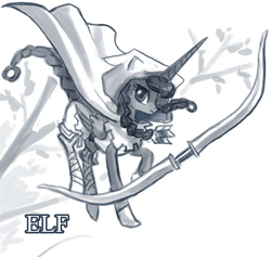 Size: 453x430 | Tagged: safe, artist:johnjoseco, princess luna, alicorn, elf, pony, braid, braided tail, cosplay, dragon's crown, female, grayscale, mare, monochrome, simple background, solo, white background